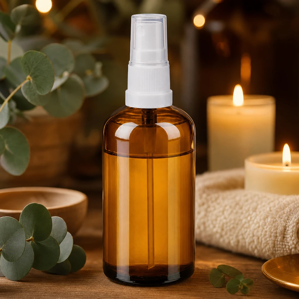 Elegantti 100ml suihkepullo meripihkalasista, jossa on läpinäkyvä sumutin aromaterapiasovelluksiin