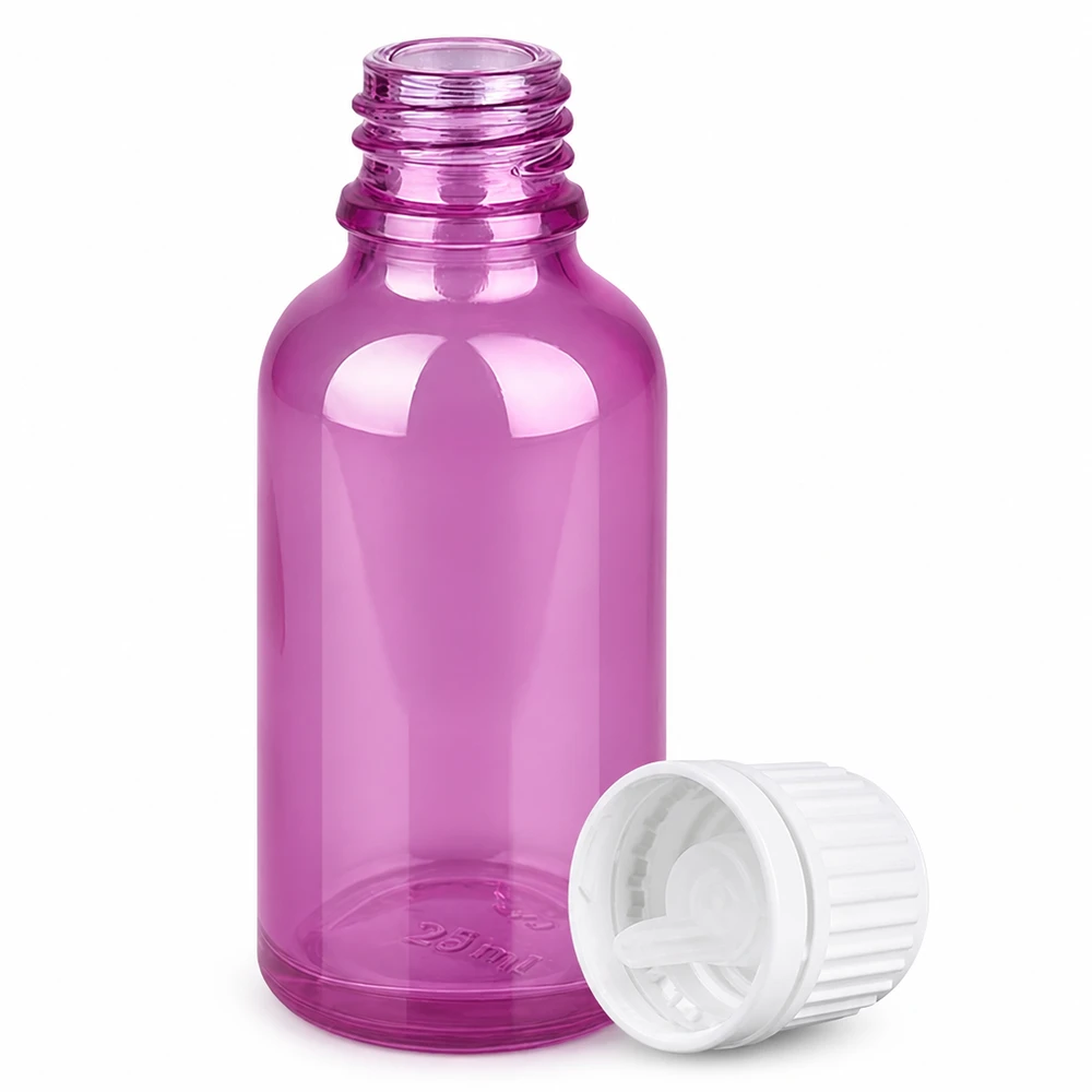 Violetti 30ml lasipullo tiputuskorkilla eteerisille öljyille ja kosmetiikalle.