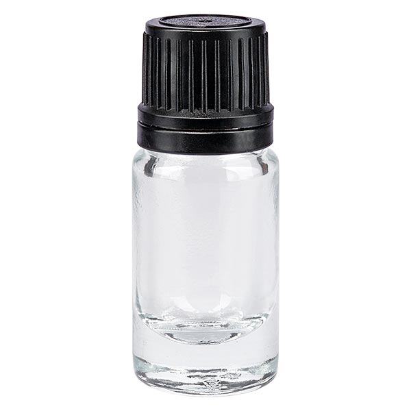 Apteekkipullo kirkas 5ml tiputuskorkki kaatorengas 1mm musta väärentämisen estävä korkki