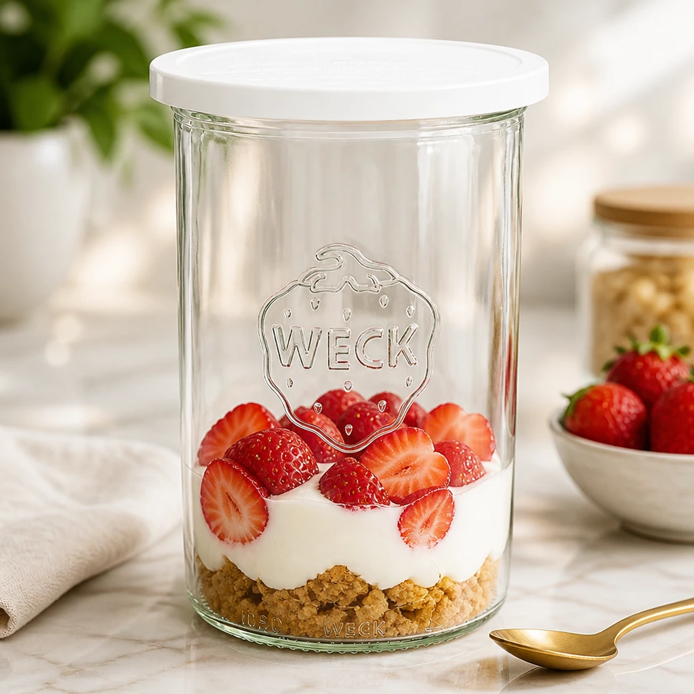 1000ml lasipurkki, jossa on kansi WECK RR100 WECK 1000ml muuripurkki mansikoilla ja kermalla täytettynä jälkiruokapurkkina osoittaa RR100-säilytyspurkin monipuolisen käytön.