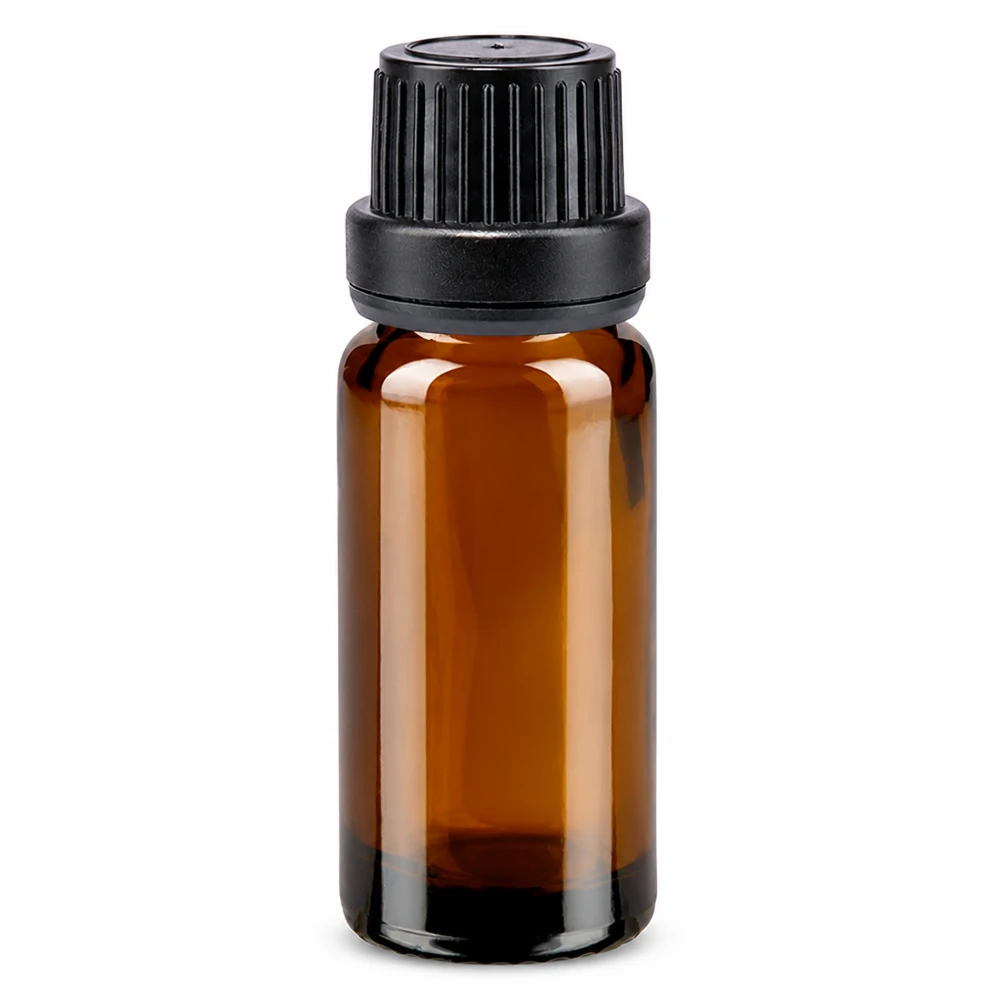 10 ml:n ruskea lasinen apteekkipullo, jossa on musta alkuperäiskorkki ja 2 mm:n tiputusosa