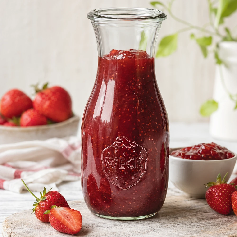 530 ml:n mehupullo WECK RR60 530ml WECK-mehupullo RR60 täynnä mansikkahilloa viipaloitujen mansikoiden ja valkoisen kulhon vieressä.