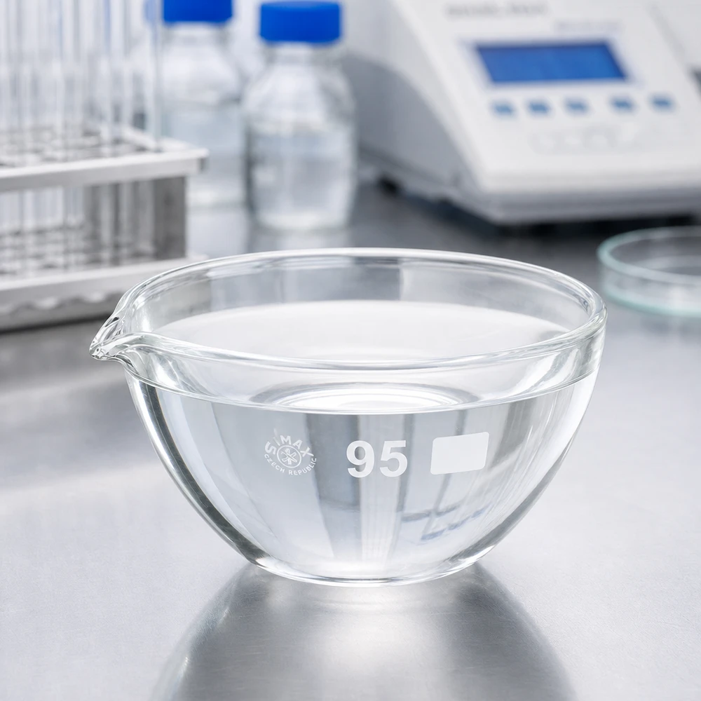 Läpinäkyvä laboratoriolasin haihdutusastia 170ml, jossa on nokka optimaalista visuaalista valvontaa varten haihdutuksen aikana.