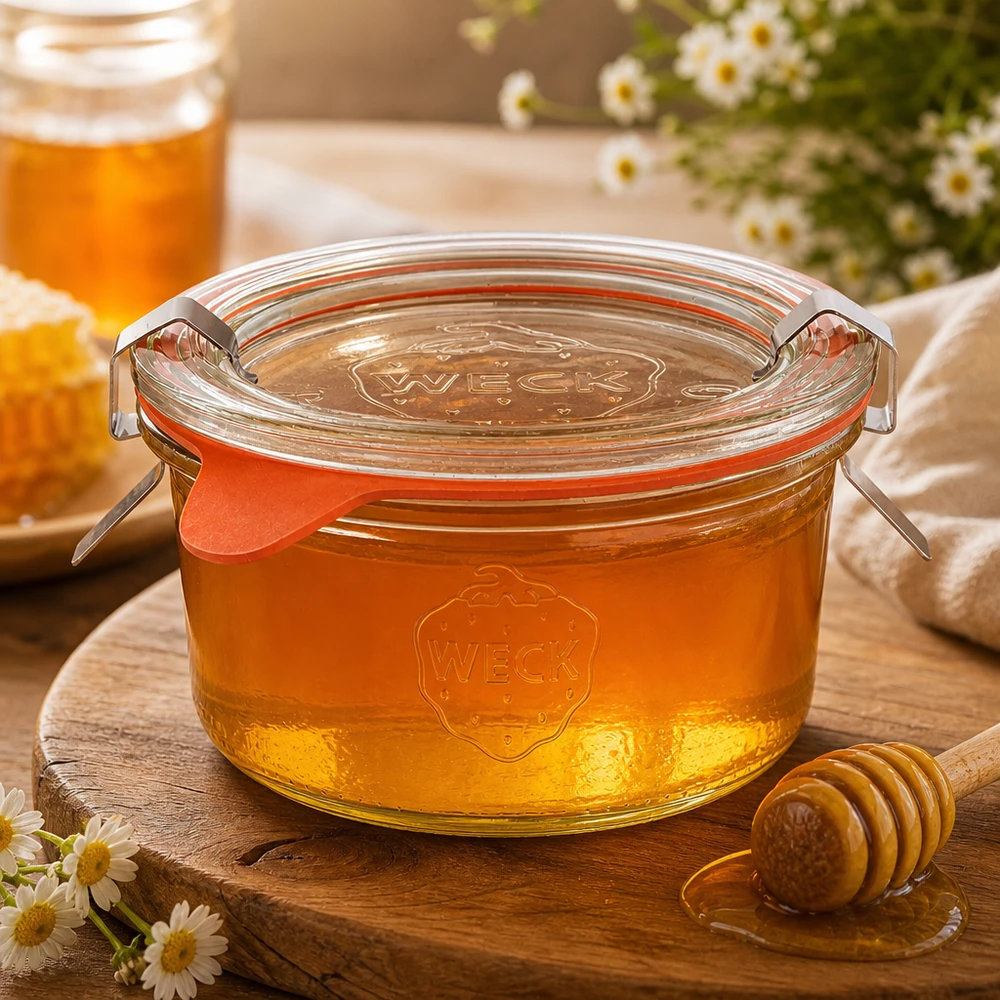 Täydellinen 165ml tumppupurkki WECK RR80 WECK 165ml RR80-maljat täynnä kultaista hunajaa, vieressä hunajalusikka ja päivänkakkaroita puulauta vieressä.