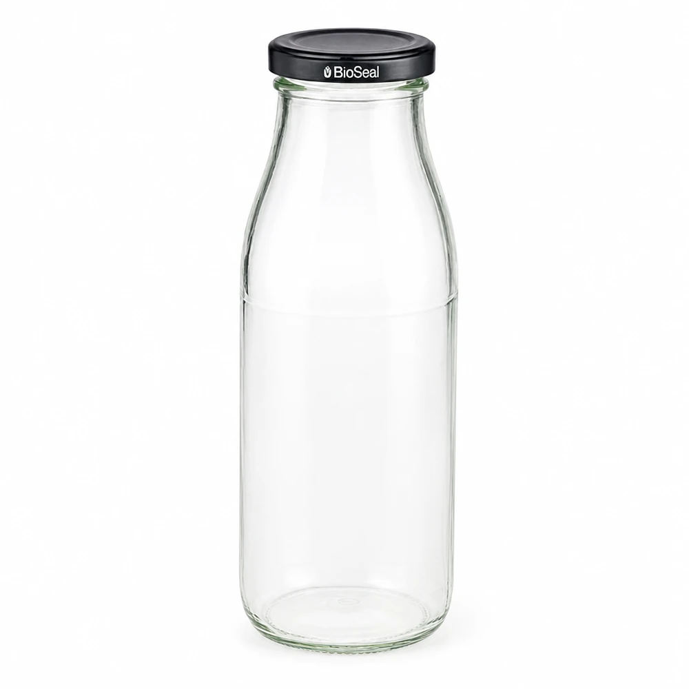 500ml lasipullo mustalla BioSeal-kannella tyhjä ja läpinäkyvä juomiin ja säilytykseen.