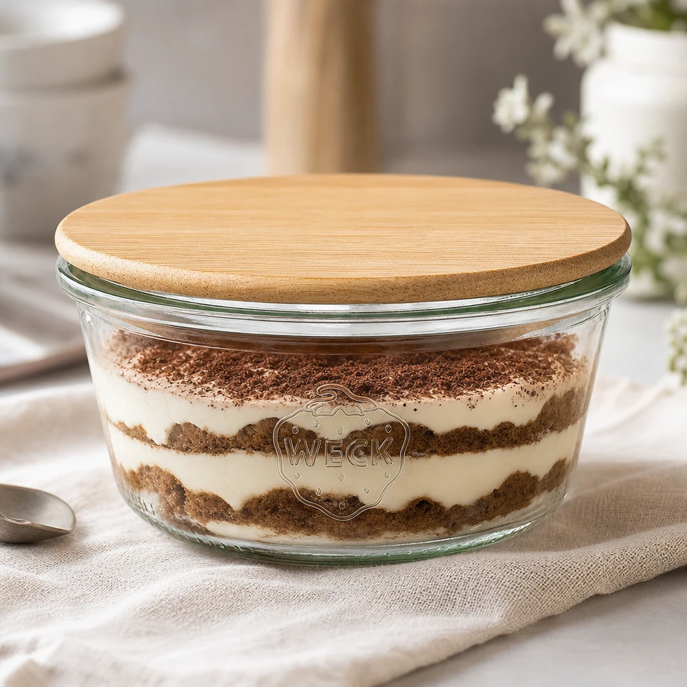 WECK tumblers 290ml RR100 täynnä tiramisua ja bambu puinen kansi, jälkiruokapurkki tyylikkäässä keittiössä
