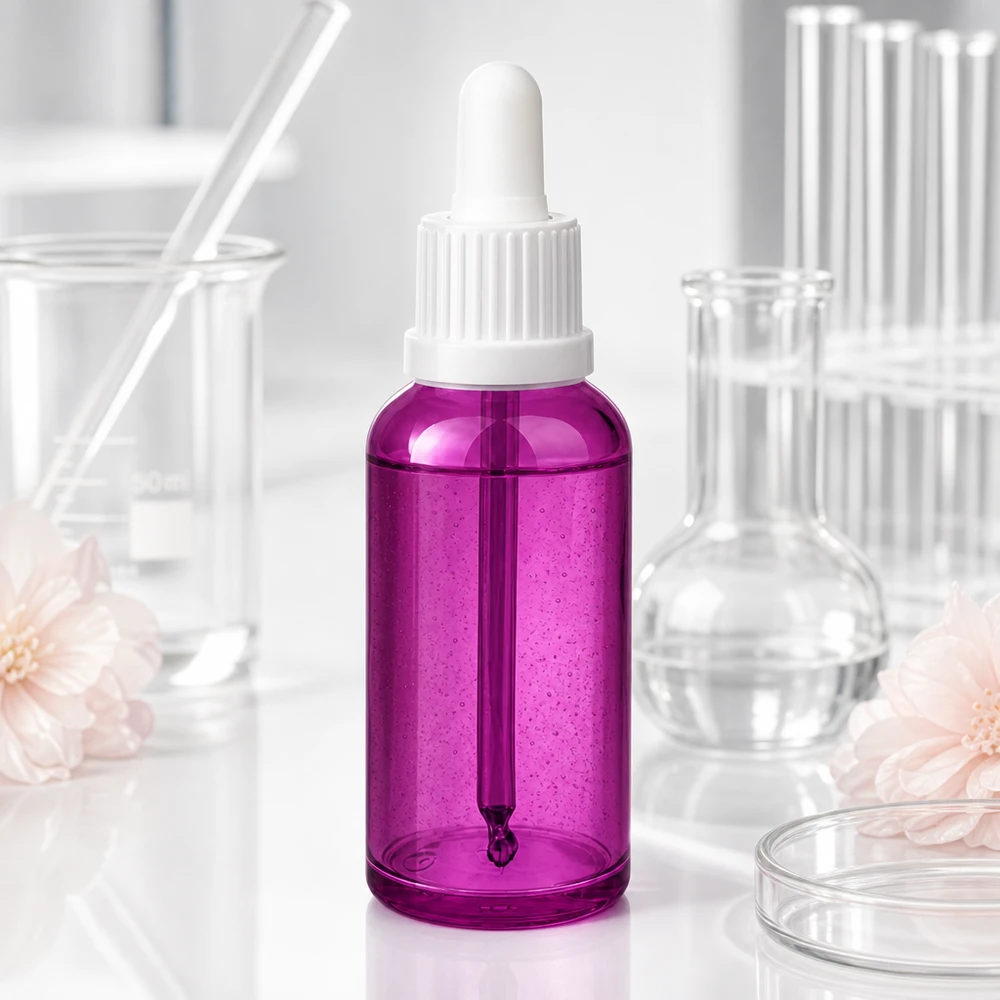 Läpinäkyvä 50ml tippapullo violetilla, ergonomisella valkoisella kierrekorkilla varustettuna