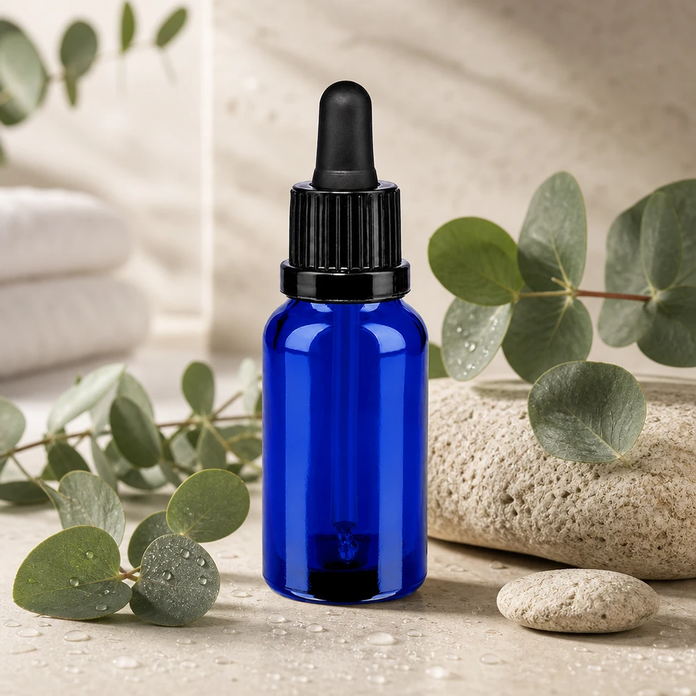 20ml pipettipullo musta tamper-evident-korkki BlueLine UT18/20 Musta pipetti OV 20ml sinisellä lasipullolla - ihanteellinen aromaterapiaan ja luonnonkosmetiikkaan.