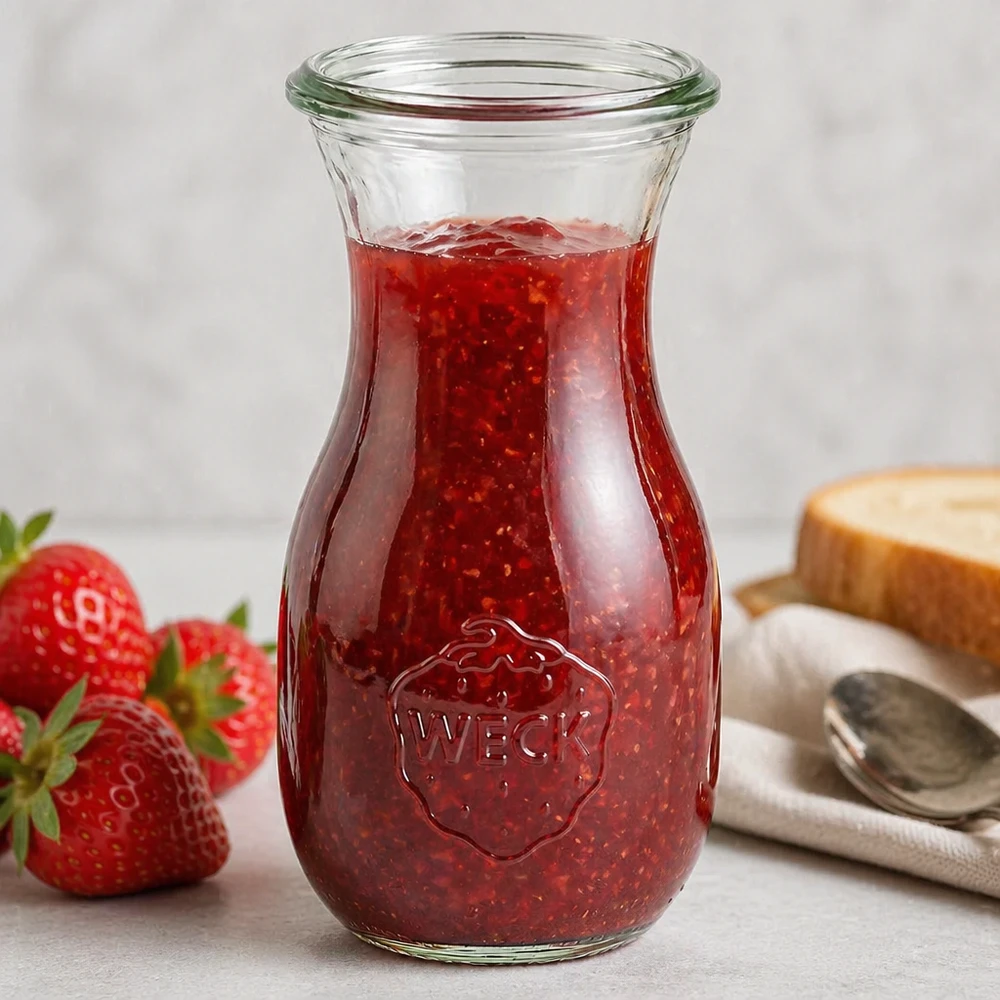 Täytetty WECK-mehupullo 290ml RR60 punaisella mansikkahillolla ja näkyvällä yrityksen logolla valkoisella pinnalla.