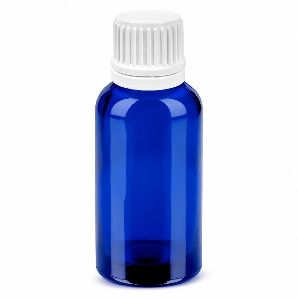 30ml sininen lasipullo, jossa on valkoinen tippakorkki tarkkaa annostelua varten.