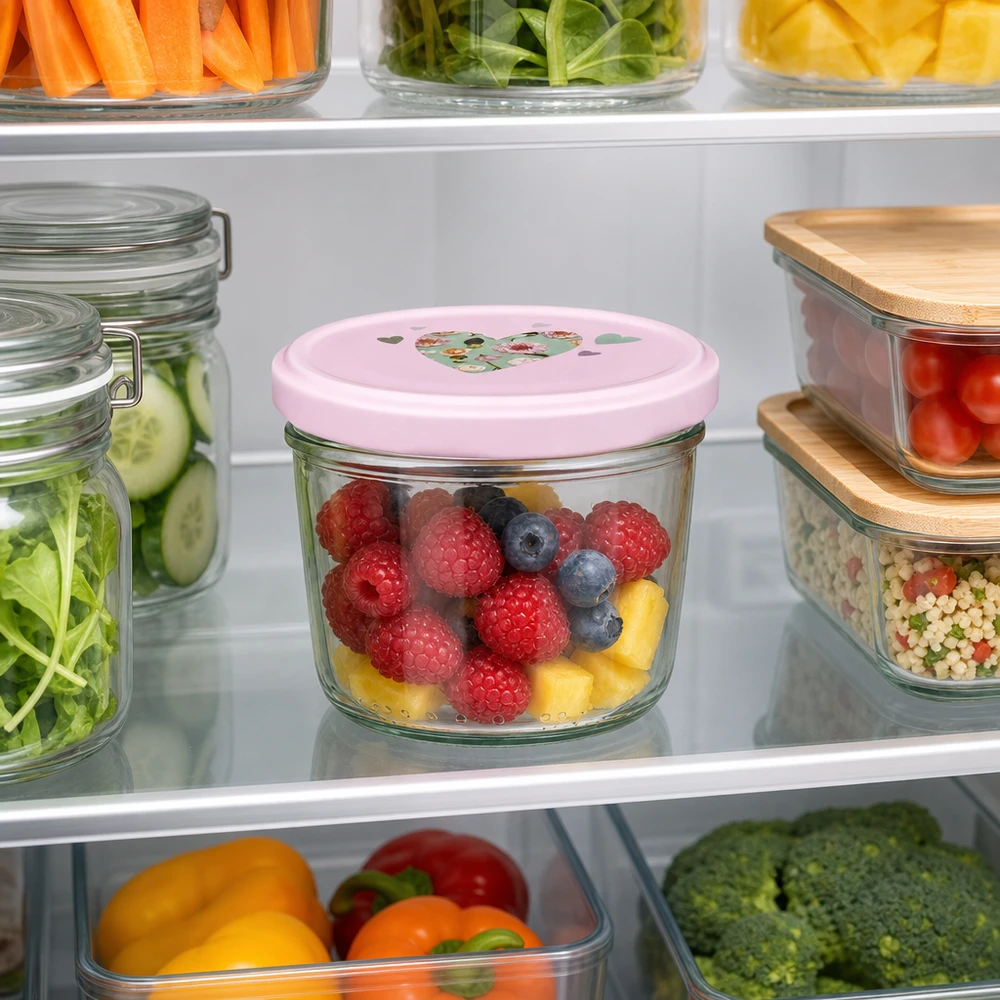230ml juomalasit + BasicSeal kansi sydän vaaleanpunainen UNiTWIST Sturzglas 230ml rosa Herz-Deckel mit Beeren im Kühlschrank organisierte Vorratshaltung frische Lebensmittel lagern