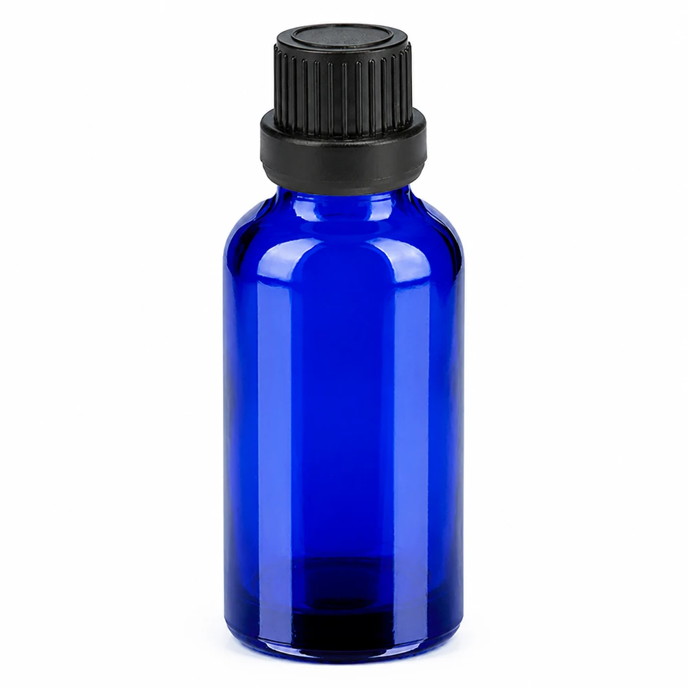 30ml pullo 11mm kierrekorkki musta väärentämisen estävä korkki BlueLine UT18/30 30ml sininen lasipullo mustalla korkilla eteerisille öljyille ja kosmetiikalle.