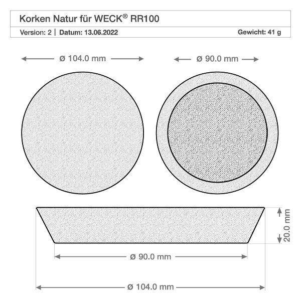Korkki avautumiseen 94mm WECK RR100 (ø90/104, H=20mm) Tekninen piirustus WECK RR100 korkkitulppa mitat 104mm 90mm halkaisija 20mm korkeus paino 41g luonnonkorkki