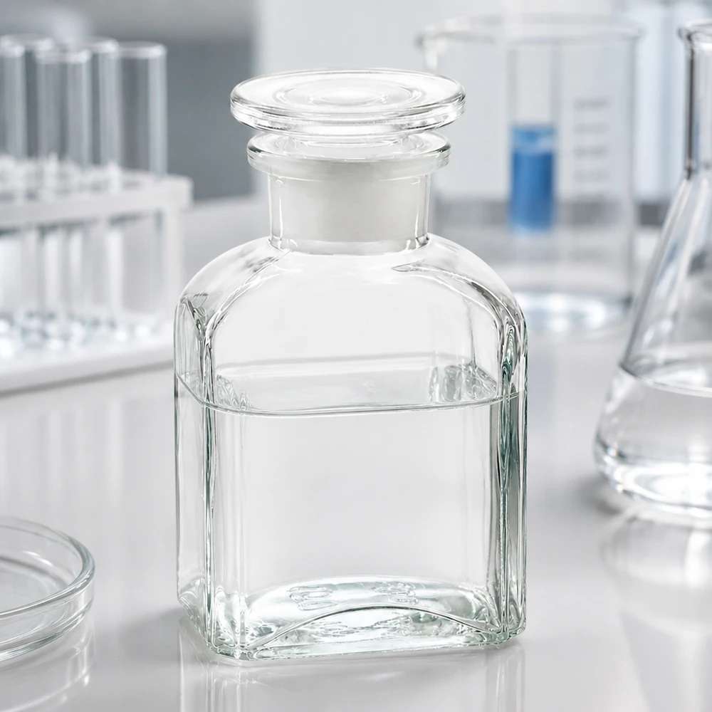 150 ml:n laboratoriopullo kirkkaasta lasista, jossa on leveä kaula ja pyöreä lasitulppa