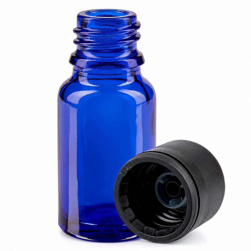 10ml pullo 11mm ruuvikorkki musta peukalointiturvallinen korkki BlueLine UT18/10 10ml pullo 11mm ruuvikorkki musta peukalointiturvallinen korkki BlueLine UT18/10