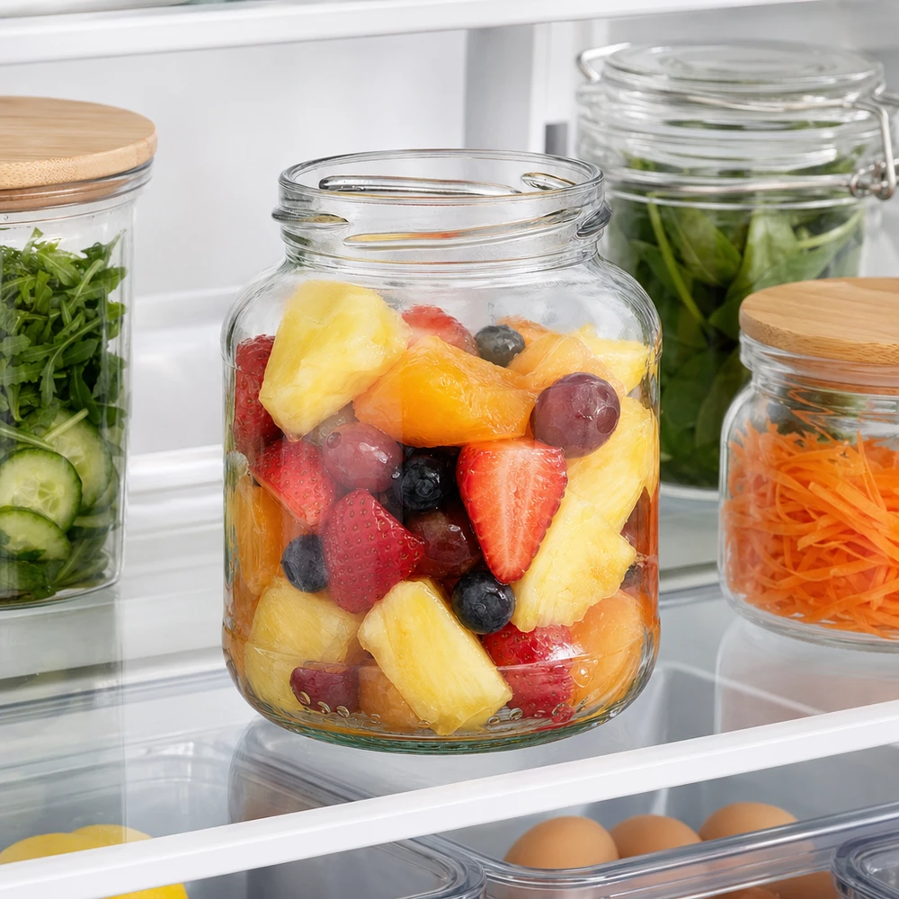 370ml soikea purkki ilman kantta (TO66) UNiTWIST UNiTWIST UNiTWIST Oval370 säilöntäpurkki 370ml hedelmäsalaatilla jääkaapissa muiden säilytyspurkkien ja vihannesten rinnalla.