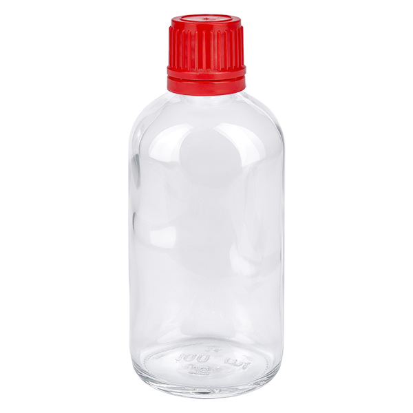 100ml pullo 11mm kierrekorkki punainen väärentämisen estävä korkki ClearLine UT18/100 Läpinäkyvä 100 ml:n lasipullo, jossa on punainen kierrekorkki ja ClearLine-alkuperäisyysturva