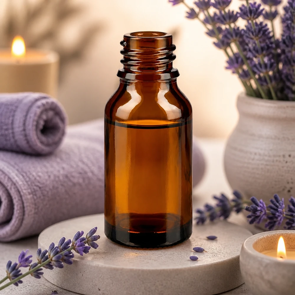Tiputinpullo 30 ml DIN 18 meripihkainen lasi HOHE FORM 30ml ruskea apteekkipullo ApoGlas laventeli spa wellness aromaterapia pyyhkeet kynttilät tunnelma
