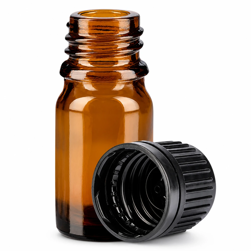 5ml pullo 11mm ruuvikorkki musta väärentämisen estävä korkki BrownLine UT18/5 5ml lasipullo 11mm kierteellä ja mustalla korkilla tarkkaa annostelua varten.