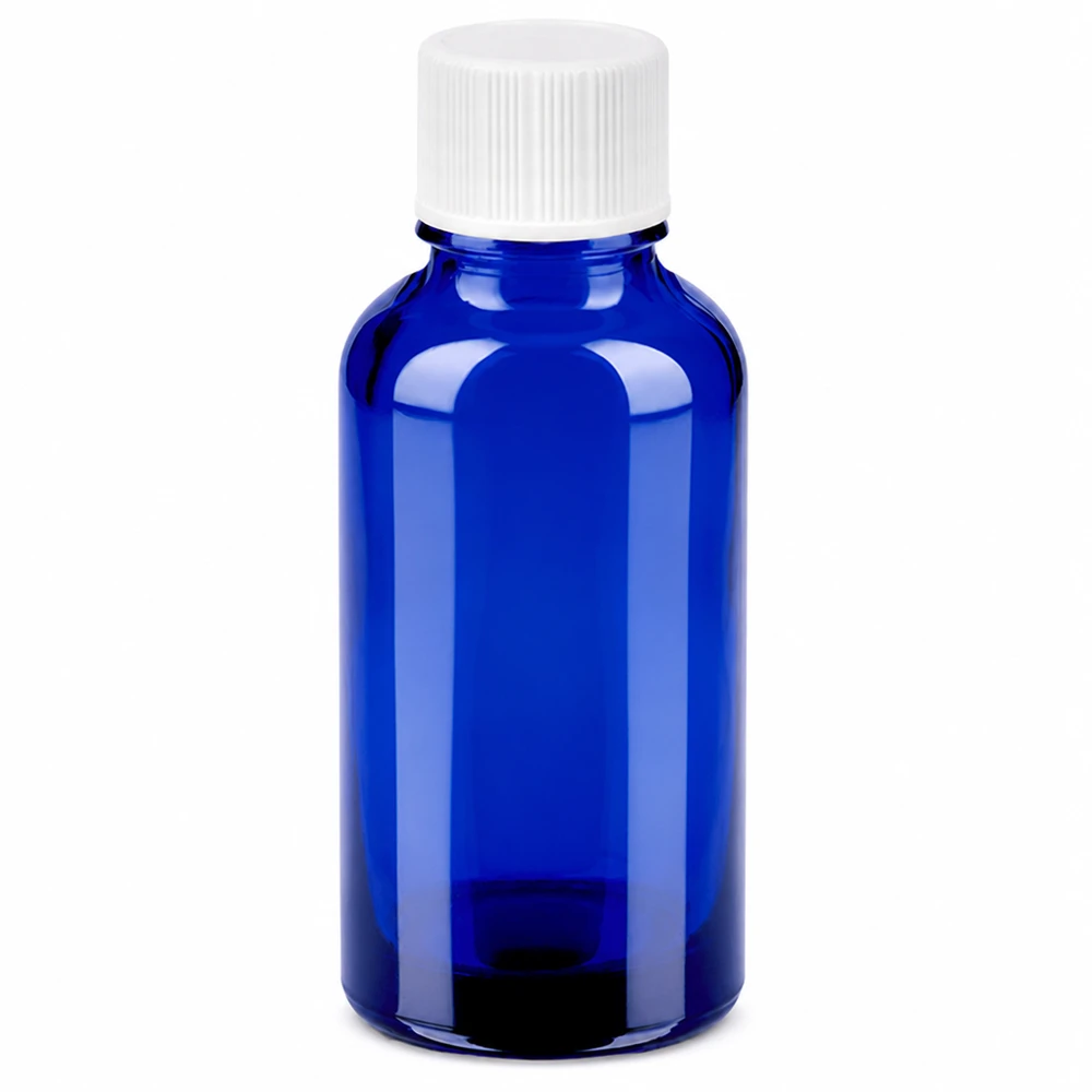 30ml sininen lasipullo valkoisella kierrekorkilla eteerisille öljyille ja kosmetiikalle.