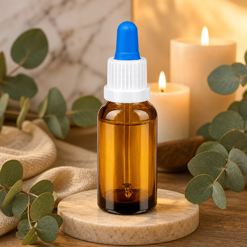 20ml pipettipullo valkoinen/sininen väärentämisen estävä sulkeminen BrownLine UT18/20 Korkealaatuinen 20 ml:n pipettipullo tyylikkäästä meripihkalasista, jossa on ergonominen valkoinen tiputuskorkki.