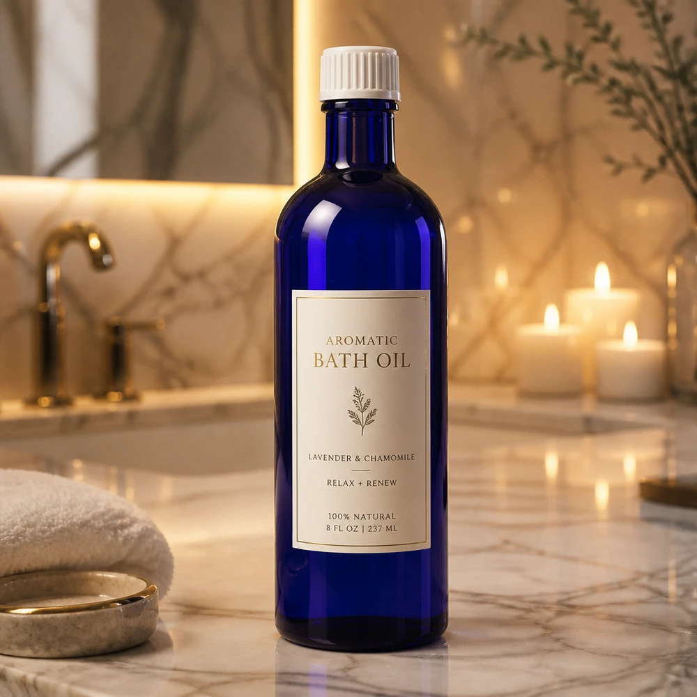 Apteekkipullo sininen 200ml ruuvikorkki valkoinen vakio Sininen apteekkipullo 200 ml kylpysuolaa, laventeli- ja kamomilla-aromiöljyä, luonnollista kylpyöljyä