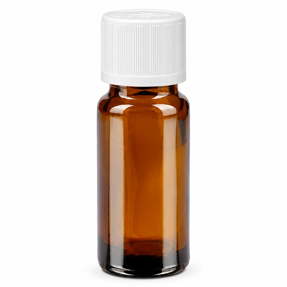 Apteekkipullo ruskea 10ml kierrekorkki valkoinen lapsiturvallinen standardi 10 ml:n ruskea lasinen apteekkipullo, jossa on valkoinen 11 mm:n lapsiturvallinen korkki