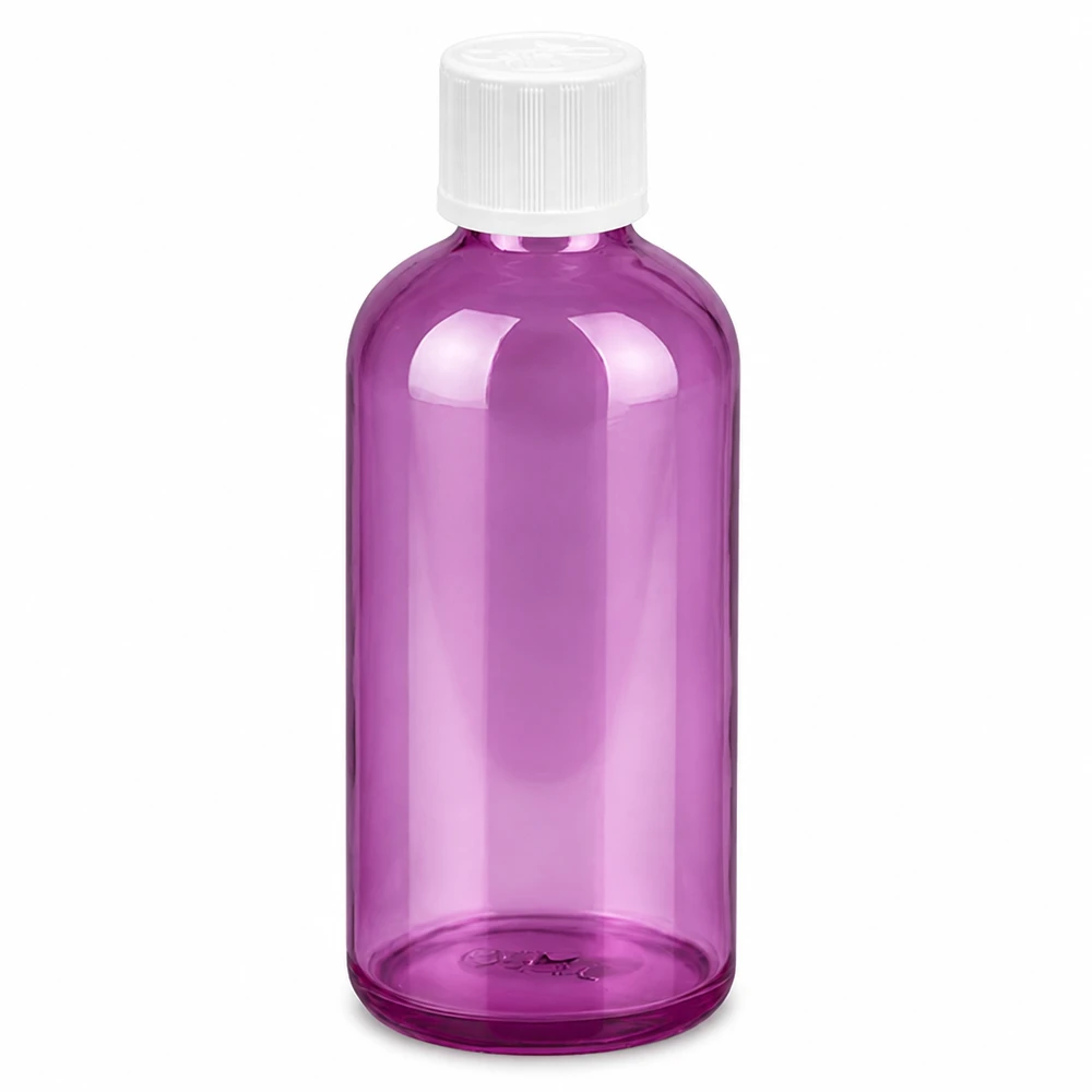 100ml muovinen tippapullo, violetti läpinäkyvä, valkoinen kierrekorkki