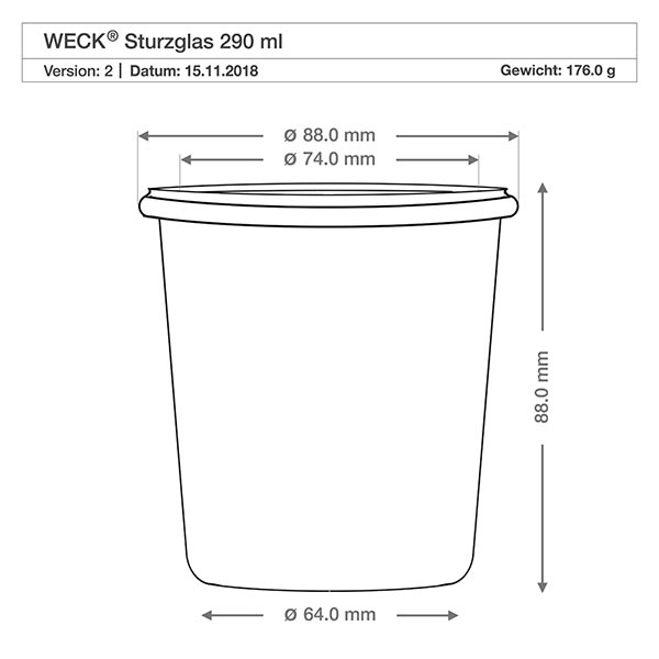 290ml korkea lasipurkki WECK RR80 puupallolla pyökki Tekninen piirustus WECK-maljat 290ml RR80 mitat Halkaisija 88mm Korkeus 88mm Paino 176g