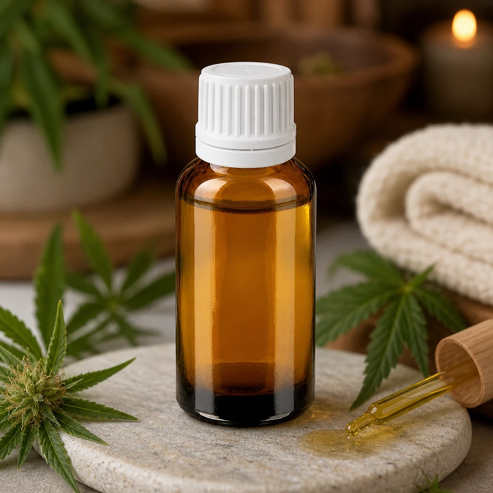 Pienikokoinen 30 ml:n meripihkalasinen tippapullo UT18/30-kierteellä uutteiden turvalliseen säilytykseen.