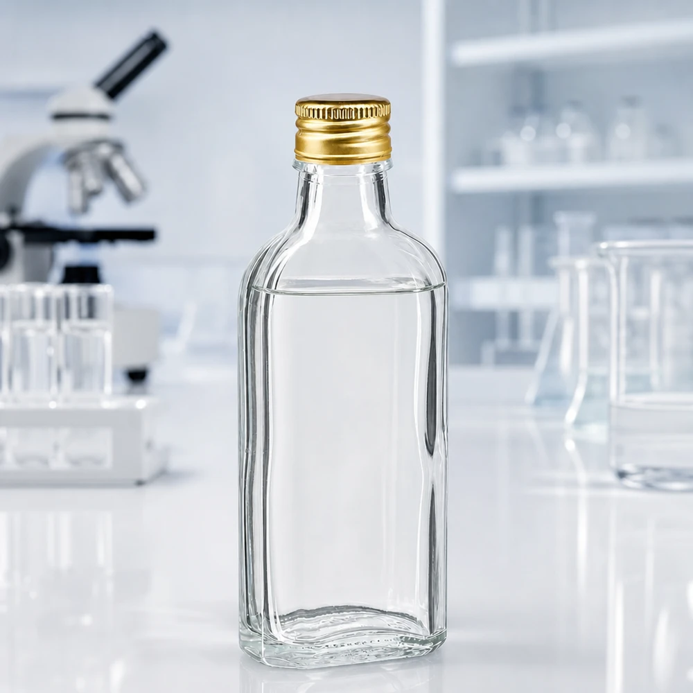 100 ml Meplat kirkas, alumiinikorkki kultainen PP22. Pieni, 100 ml:n lasipullo, litteä ja suorakulmainen, kultaisella PP22-kierrekorkilla, laboratoriossa