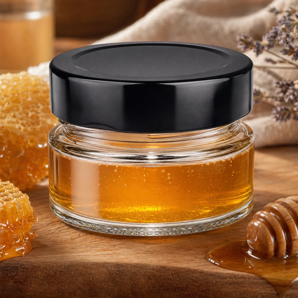80ml pyöreä purkki + BasicSeal-kansi musta syvä UNiTWIST 80ml pyöreä purkki mustalla BasicSeal-kannella, joka on täytetty hunajalla Hunajakenno puulusikka luonnollinen keittiökohtaus