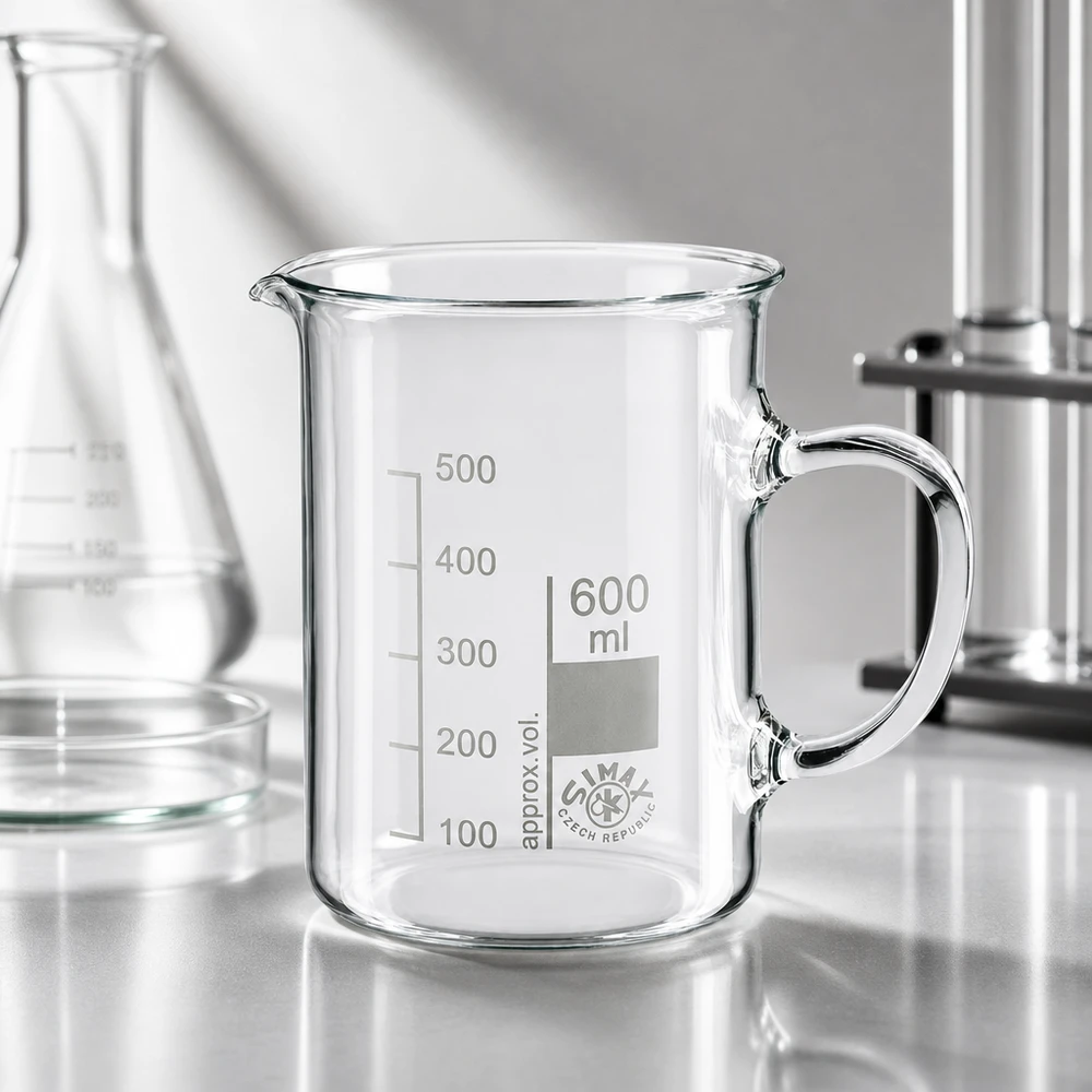 600 ml:n dekantterilasi, kahvallinen SIMAXin Tšekistä valmistama tyhjä 600 ml:n kuppilasi, jossa on kahva, laboratoriotyötasolla