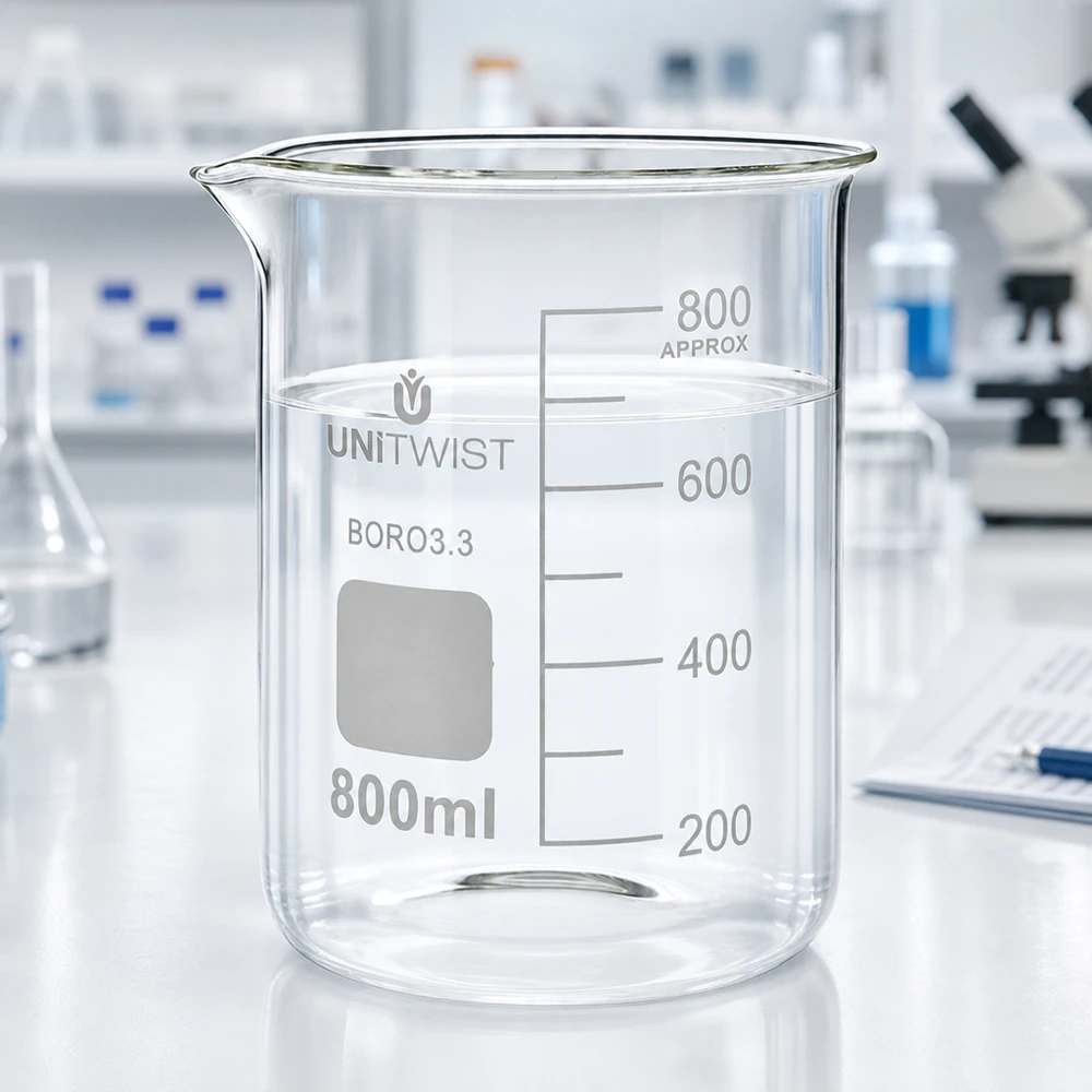 800 ml borosilikaattilasi, matala muotti UNiTWIST UNiTWIST-mitta-astia 800 ml, borosilikaattilasia 3.3, matala malli, läpinäkyvä, valkoisella laboratoriopöydällä