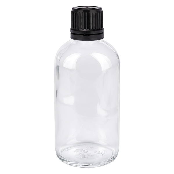 100ml pallopullo 8mm kaatorengas musta vakiosuljin ClearLine UT18/1 ClearLine UT18/1 Läpinäkyvä 100 ml:n lasipullo, jossa on musta kierrekorkki, globuleille ja homeopatiaan