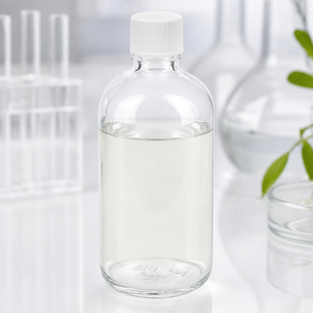 Täytetty 100 ml:n ClearLine-lasipullo, jossa on valkoinen muovikorkki, laboratoriokäyttöön