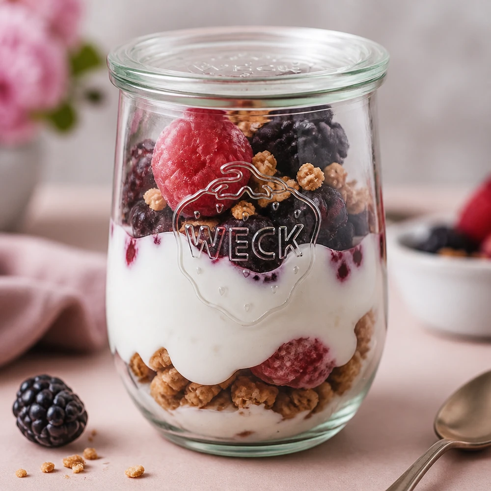 1062ml tulppaanipurkki lasikannella WECK RR100 WECK tulppaanipurkki 1062ml täynnä jogurttia marjoja mysliä kerroksellinen jälkiruoka RR100 purkki kansi aamiainen parfait vaaleanpunainen backgru