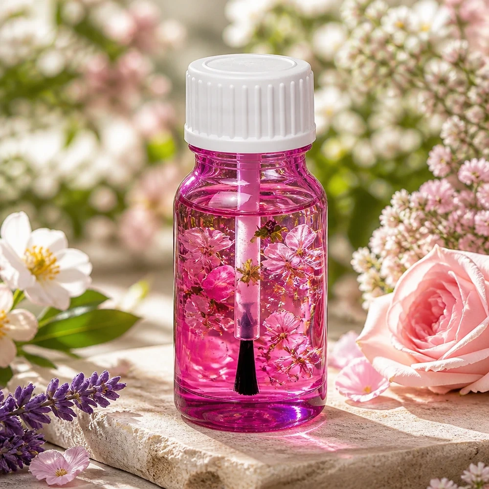 10ml sivellinpullo valkoinen vakio PurpleLine UT18/10 valkoinen standardi 10ml sivellinpullo valkoisesta lasista STD PurpleLine UT18/10, jossa on kukkia luonnonkosmetiikkaa varten