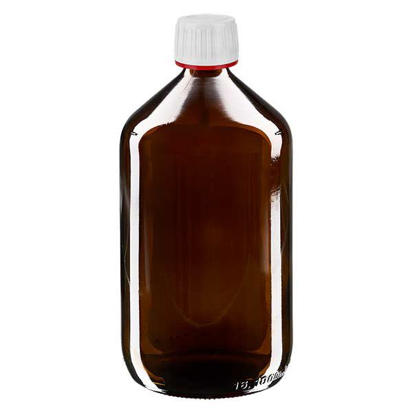 1000ml lääkepullo ruskea, korkki valkoinen, jossa peukaloinnin estävä rengas punainen ApoGlas