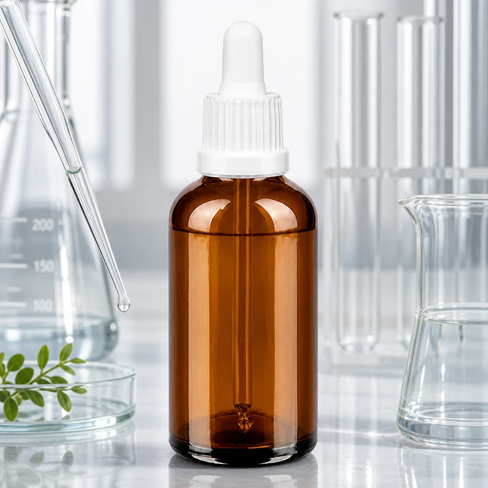 50ml pipettipullo ruskeaa lasia, jossa on tiputin kosmetiikkaan ja aromaterapiaan.