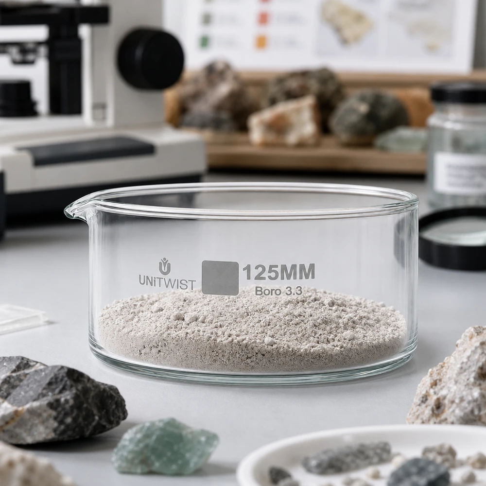 Kiteytysastia ø125mm borosilikaattilasi UNiTWIST UNiTWIST 125 mm:n UNiTWIST Boro 3.3 -kristallisaatioastia, jossa on jauhettua kivijauhetta mineralogisessa laboratoriossa