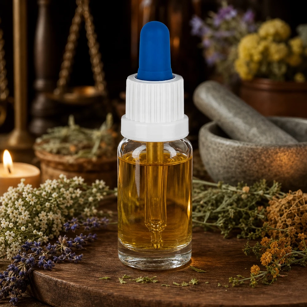 10ml pipettipullo valkoinen/sininen sulkeminen väärentämisen estävällä sulkimella ClearLine UT18/10. Aromaterapia-pipettipullo 10 ml, mukana apteekkityyliset yrttimortteli ja vaaka