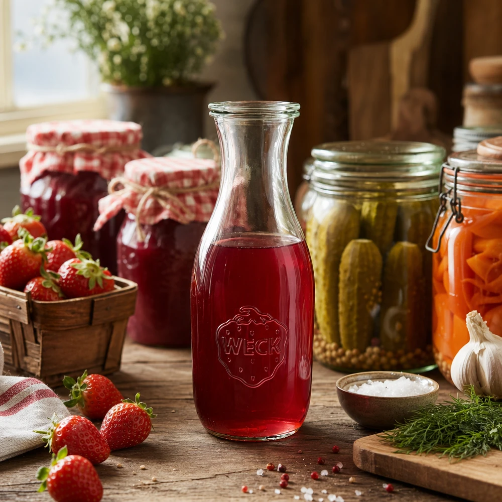 WECK mehupullo 1062ml täynnä punaista mansikkamehua tuoreiden mansikoiden ja säilöntäpurkkien ympäröimänä keittiössä.