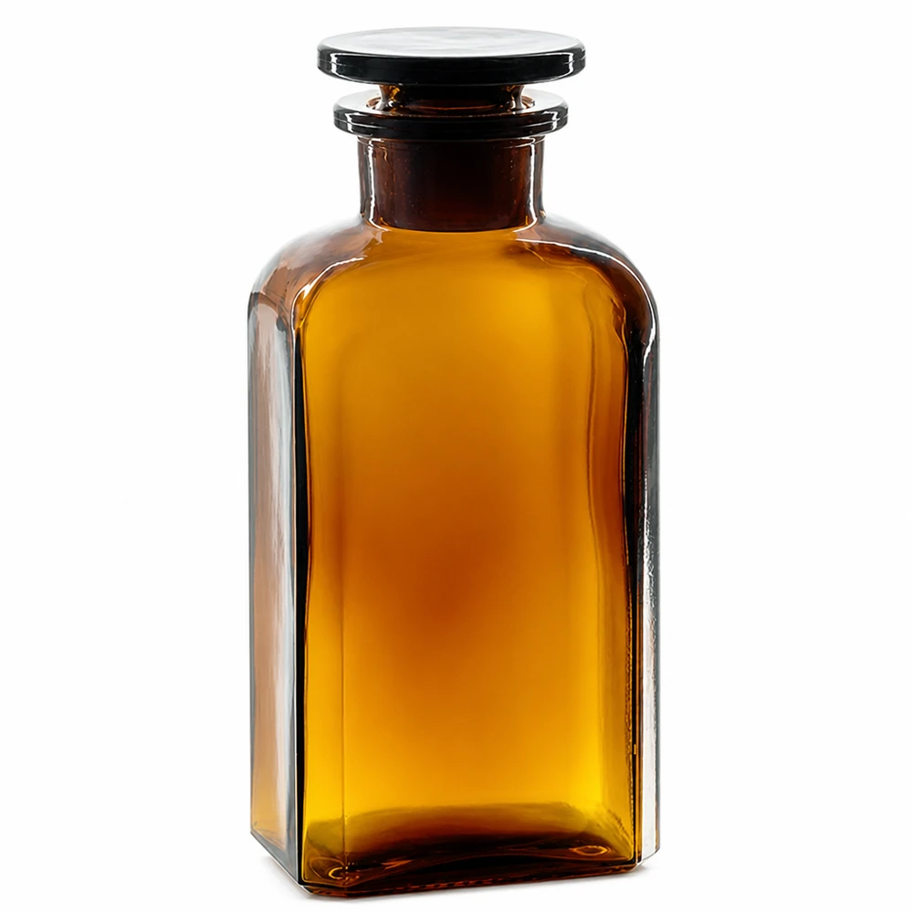 250 ml:n ruskea neliömäinen pullo, lasikorkilla, leveäkaulainen, laboratorio- ja apteekkikäyttöön