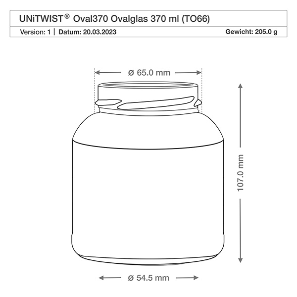 370ml soikea purkki ilman kantta (TO66) UNiTWIST UNiTWIST Tekninen piirustus UNiTWIST Oval370 Soikea lasi 370ml TO66, jonka mitat ovat Halkaisija 65mm Korkeus 107mm Paino 205g.