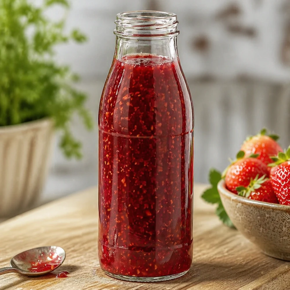 500ml lasipullo ilman kantta TO48 UNiTWIST täynnä punaista hilloa tuoreiden mansikoiden vieressä puupöydällä.