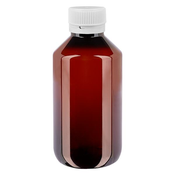 PET-pullo 100ml, jossa on valkoinen uurrettu peukaloitu korkki (tamper-evident)