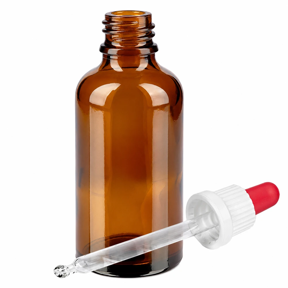 Ruskea 50ml lasipullo tippapipetillä - ihanteellinen eteerisille öljyille ja laboratoriosovelluksille.