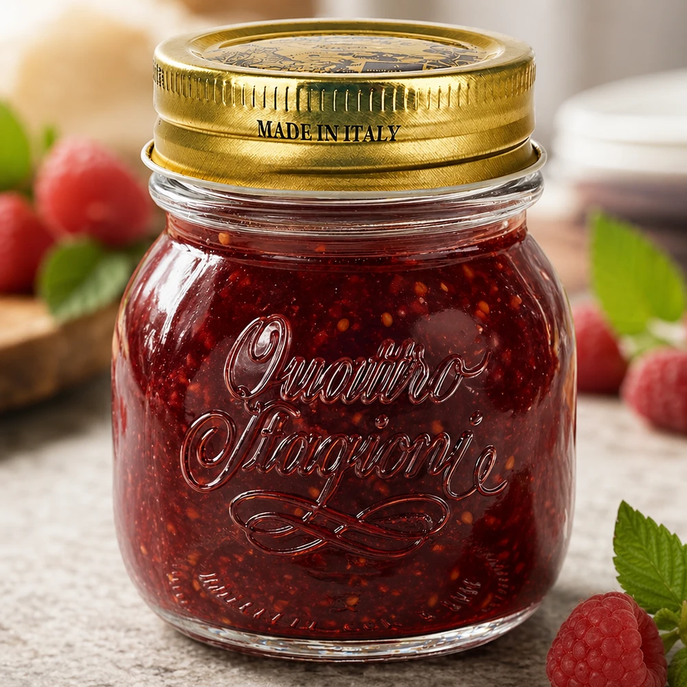 150ml pyöreä purkki "Quattro Stagioni" kannella. 150ml pyöreä purkki Quattro Stagioni kultaisella kannella Made in Italy täynnä punaista hilloa ja tuoreita marjoja.