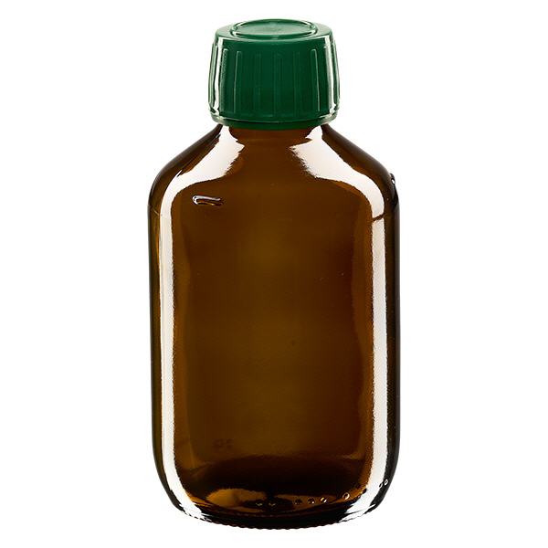 200ml lääkepullo ruskea, korkki vihreä peukaloinnin estävällä renkaalla ApoGlas 200ml lääkepullo ruskea, korkki vihreä peukaloinnin estävällä renkaalla ApoGlas